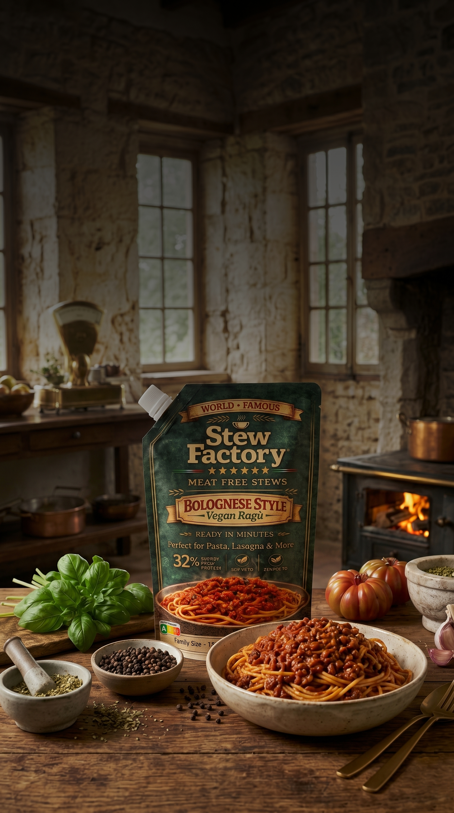 Stew Factory Bolognese Style pakiranje sa svježim sastojcima u pozadini