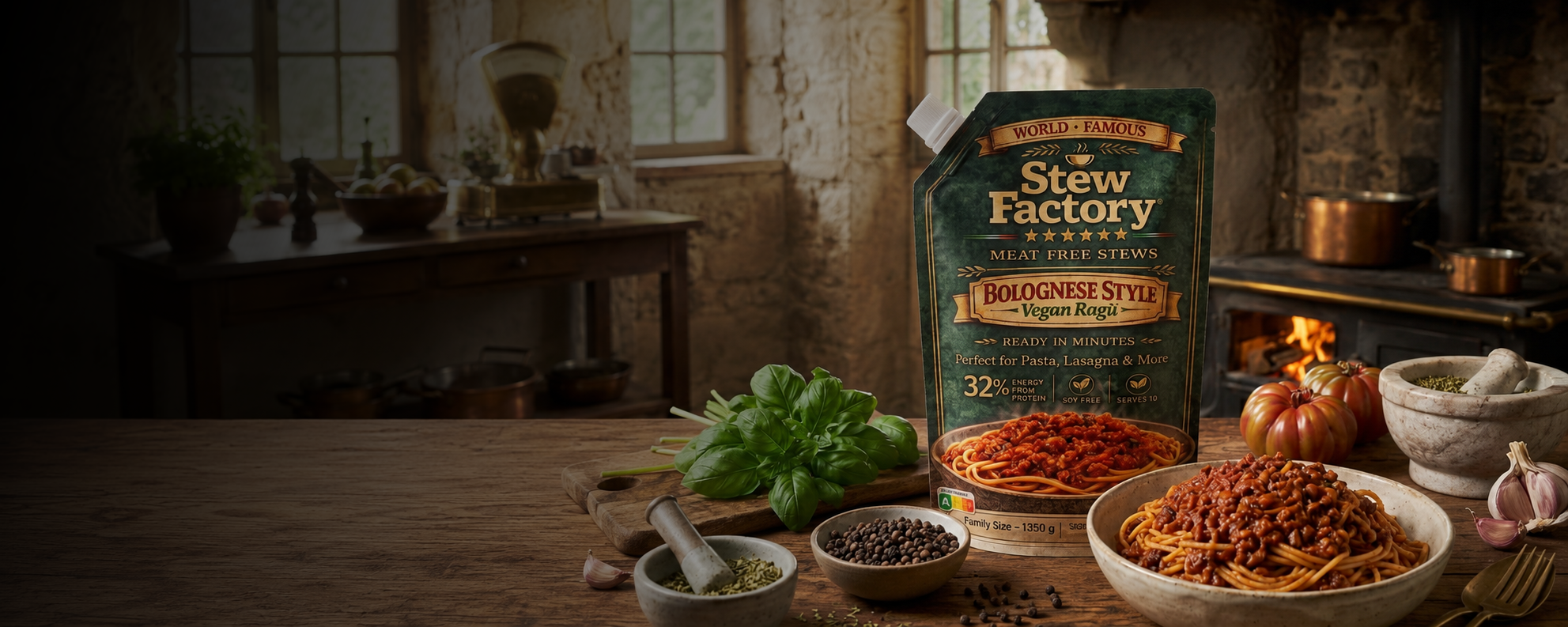 Stew Factory Bolognese Style pakiranje sa svježim sastojcima u pozadini